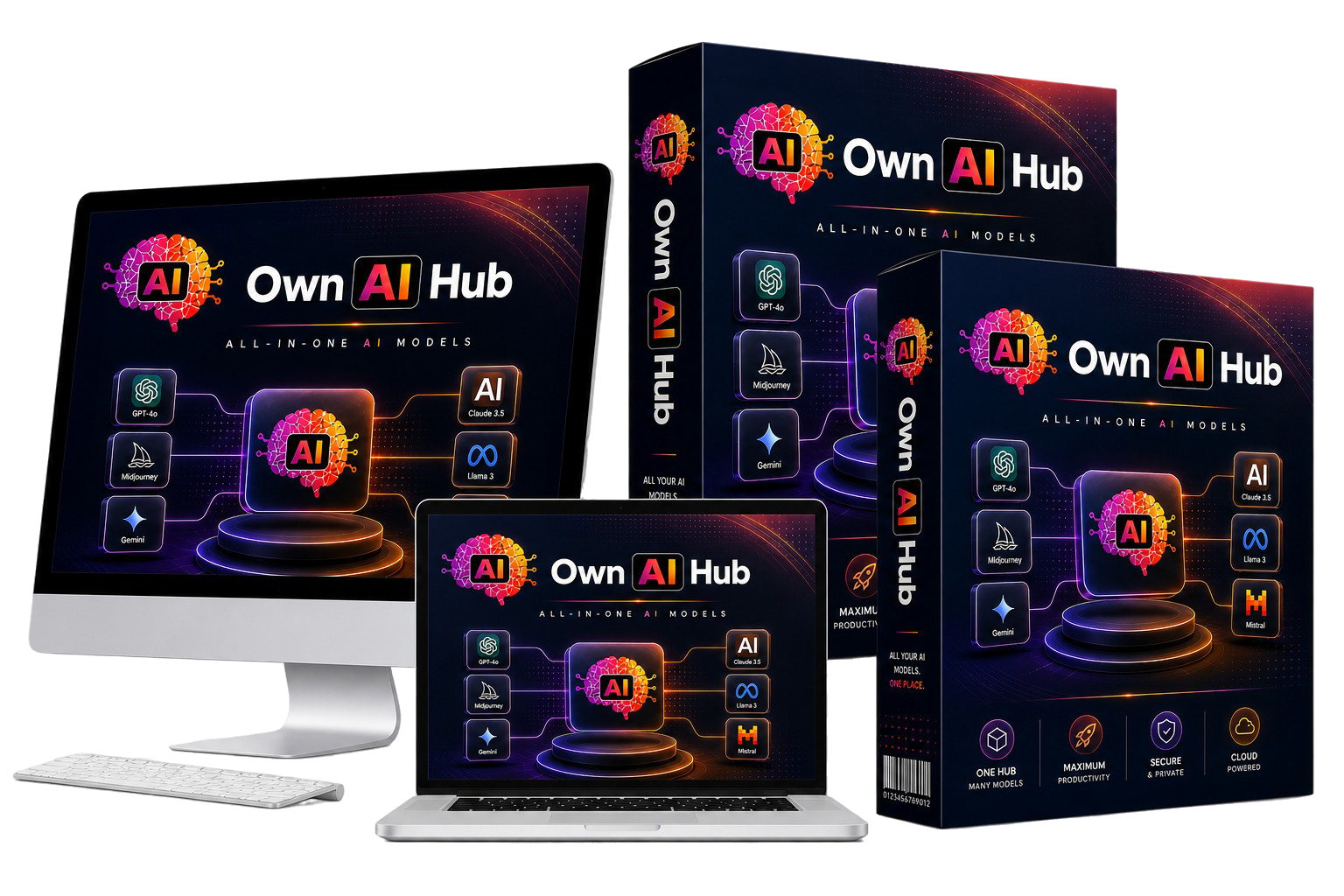 Own AI Hub product presentation across desktop and laptop screens